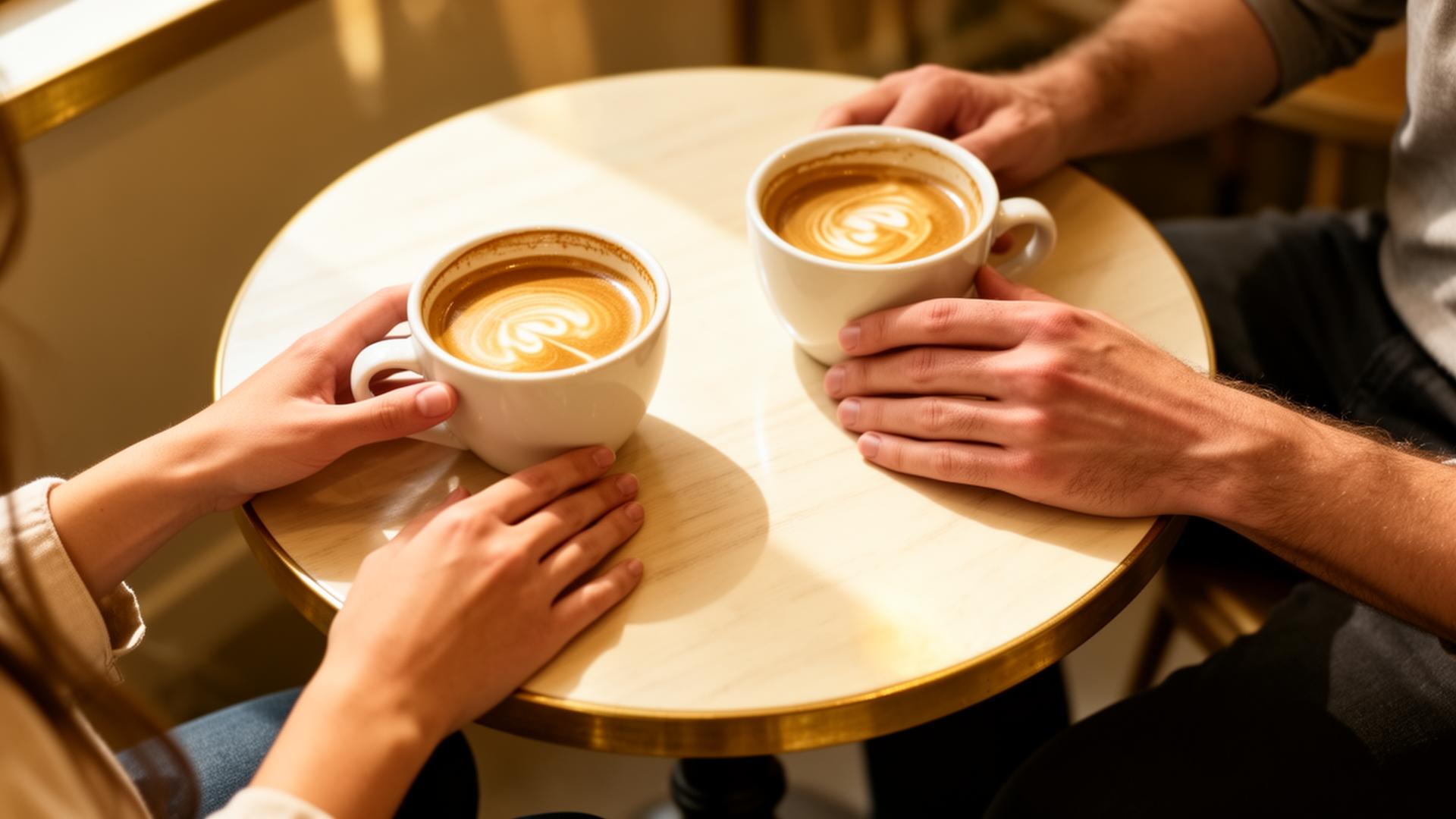 Two pairs of hands and coffee cups on a small café table