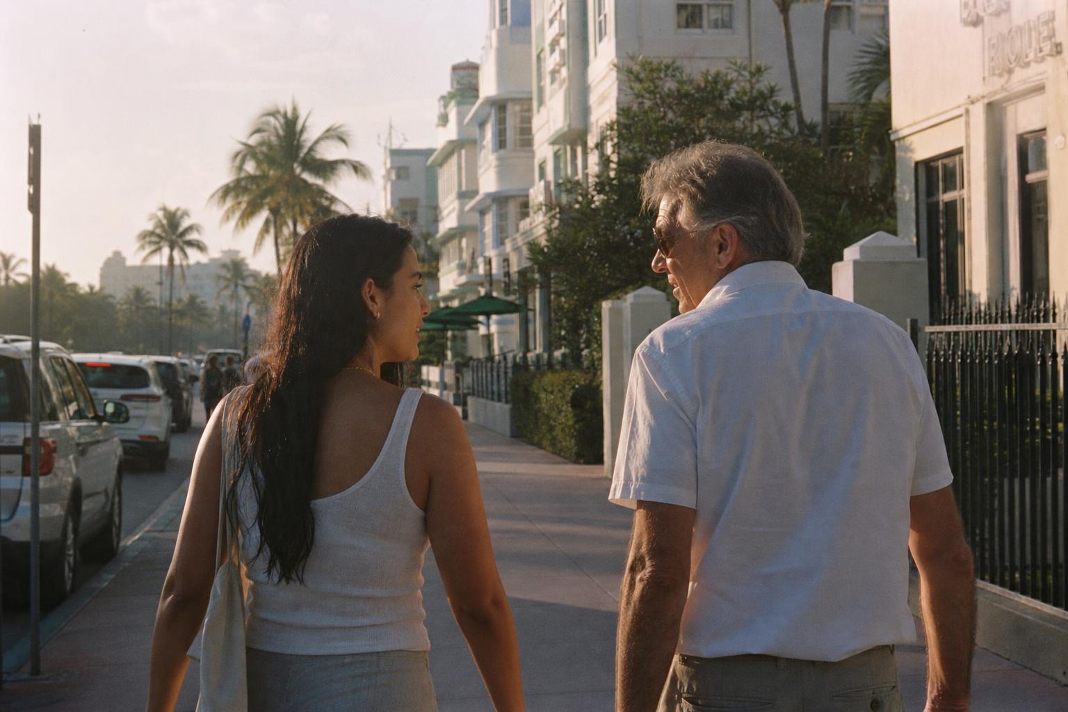 Two friends walking and talking along a palm-lined Miami boardwalk at golden hour