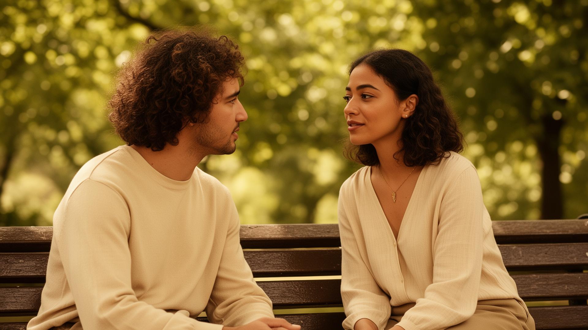 Two people in conversation on a park bench